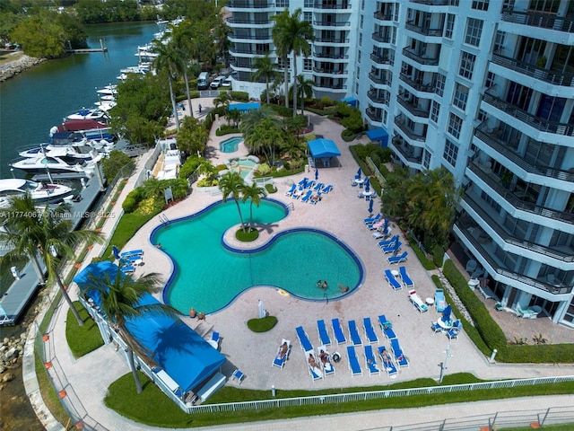 aerial view featuring a water view
