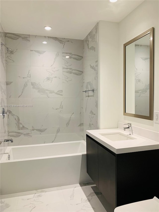 851 NE 1st Ave Unit 3905, Miami, FL 33132 - full bath featuring bathing tub / shower combination, marble finish floor, vanity, and recessed lighting