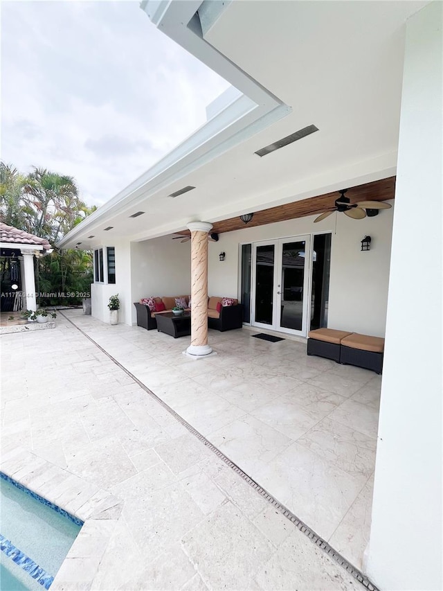 14261 SW 30th St, Miami, FL 33175 - view of patio / terrace featuring french doors, ceiling fan, an outdoor hangout area, and an outdoor pool