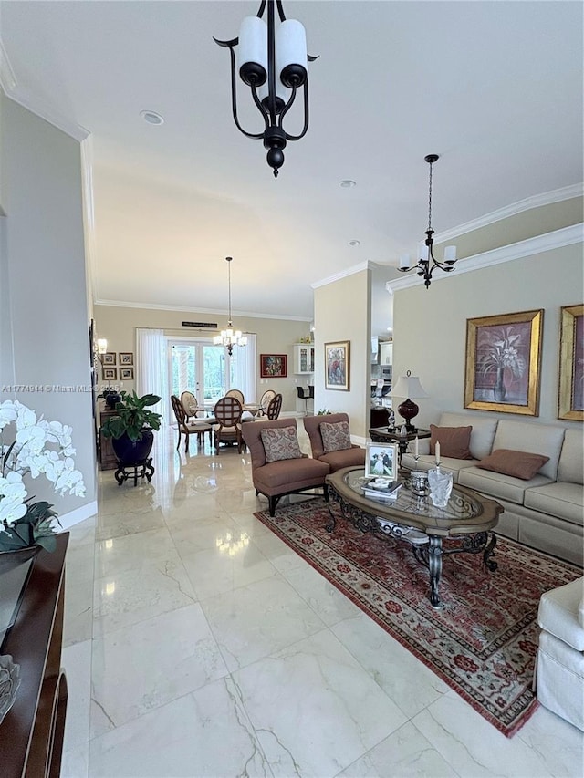 14261 SW 30th St, Miami, FL 33175 - living room with a chandelier, ornamental molding, light marble finish flooring, and baseboards