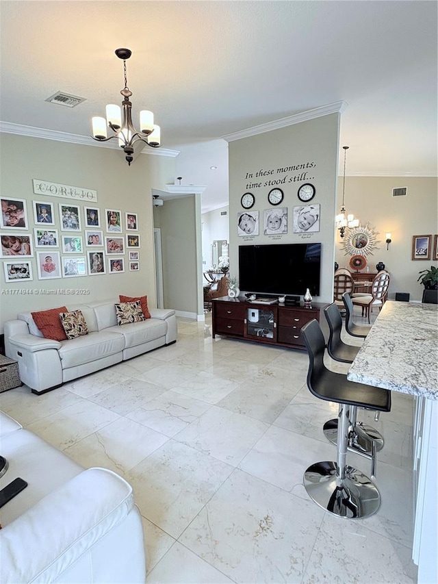 14261 SW 30th St, Miami, FL 33175 - living room with a chandelier, ornamental molding, and light marble finish floors