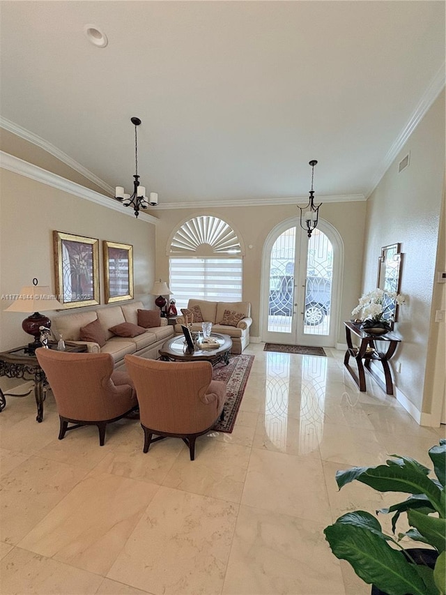 14261 SW 30th St, Miami, FL 33175 - living room with a chandelier, ornamental molding, and french doors