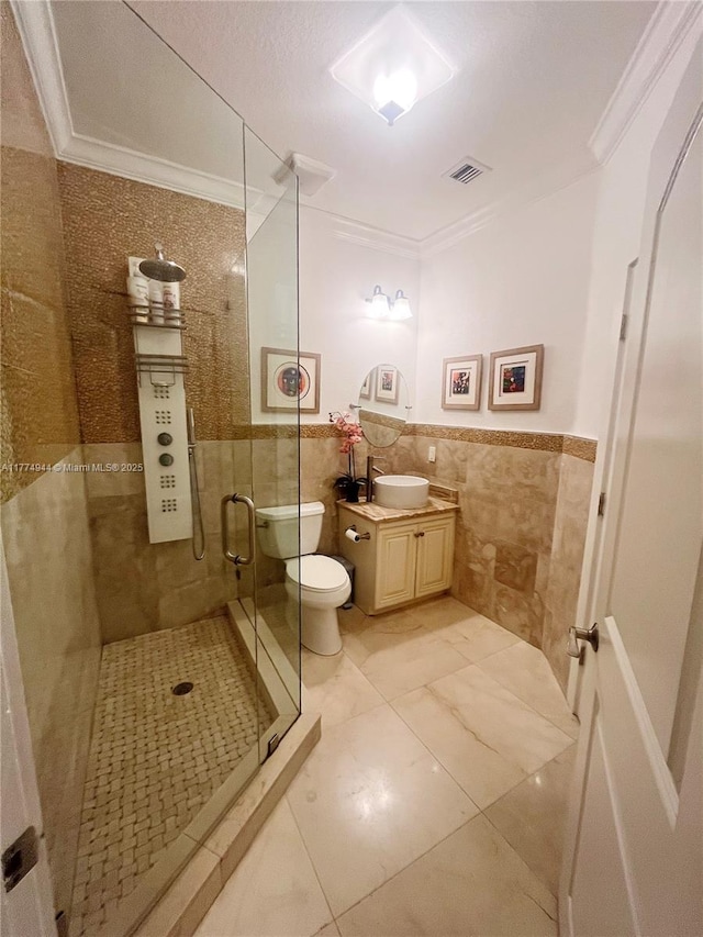 14261 SW 30th St, Miami, FL 33175 - full bathroom with tile walls, ornamental molding, vanity, a stall shower, and toilet