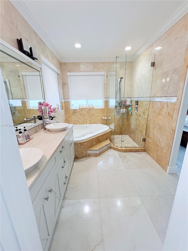 14261 SW 30th St, Miami, FL 33175 - bathroom with a garden tub, ornamental molding, a shower stall, double vanity, and recessed lighting