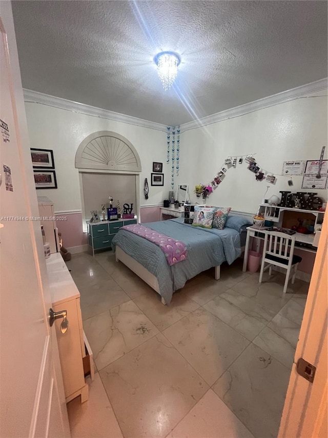 14261 SW 30th St, Miami, FL 33175 - bedroom with ornamental molding, light marble finish flooring, and a textured ceiling