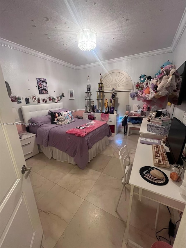 14261 SW 30th St, Miami, FL 33175 - bedroom with ornamental molding, light marble finish floors, and a textured ceiling