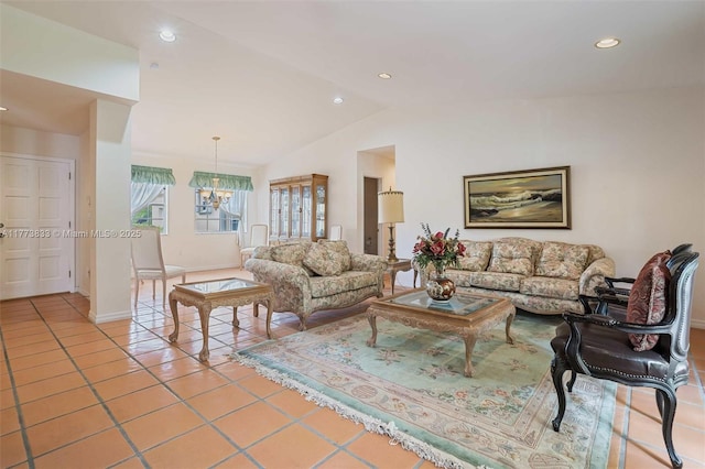 living room featuring tile patterned flooring, baseboards, recessed lighting, a chandelier, and vaulted ceiling