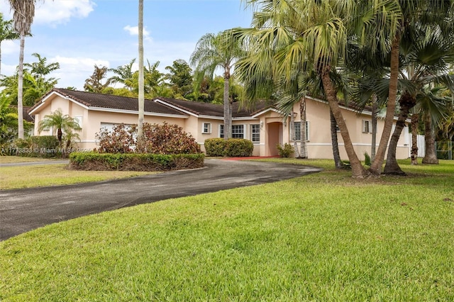 ranch-style home with aphalt driveway, a front lawn, and stucco siding
