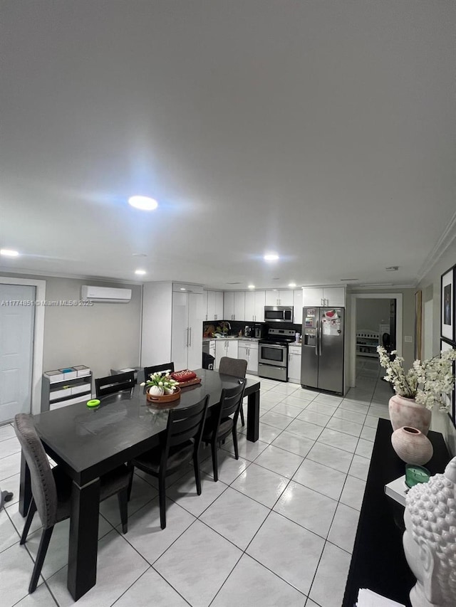 dining space with a wall mounted AC, recessed lighting, and light tile patterned floors