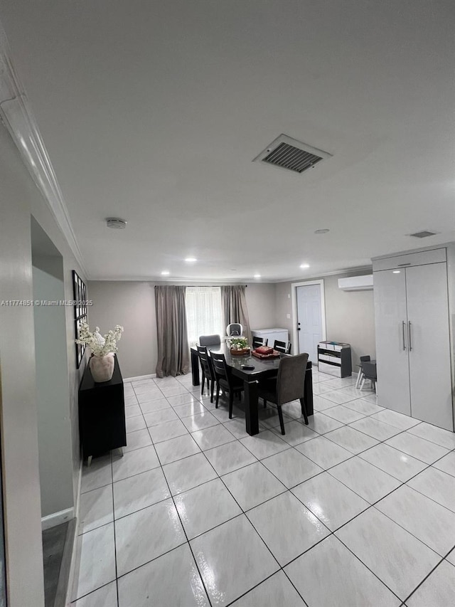 dining area with a wall mounted AC, visible vents, crown molding, recessed lighting, and light tile patterned floors