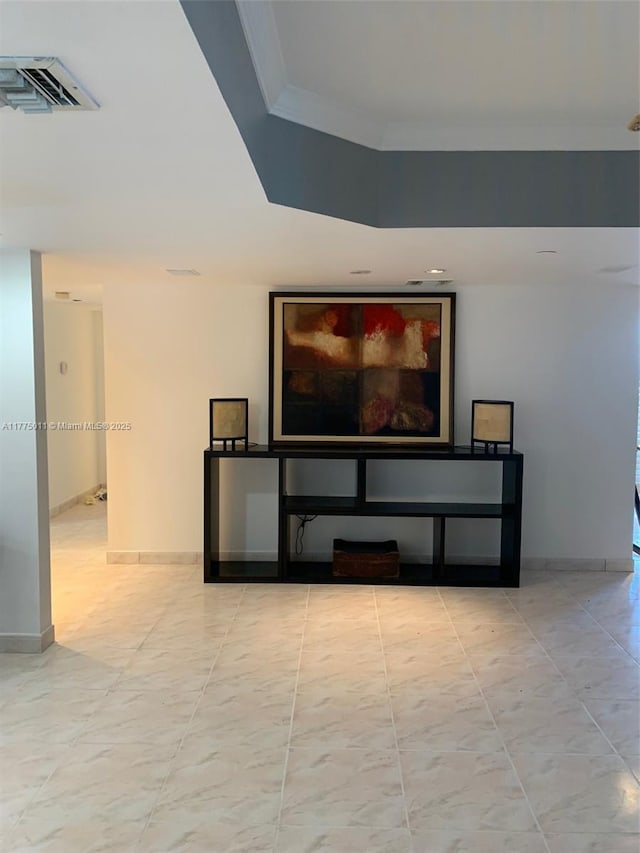 interior space featuring baseboards, ornamental molding, visible vents, and recessed lighting