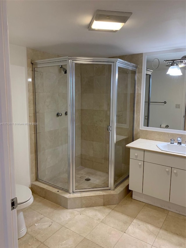 bathroom with a shower stall, vanity, tile patterned flooring, and toilet