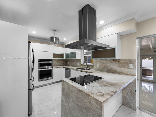 kitchen with marble finish floor, a sink, appliances with stainless steel finishes, a peninsula, and island exhaust hood