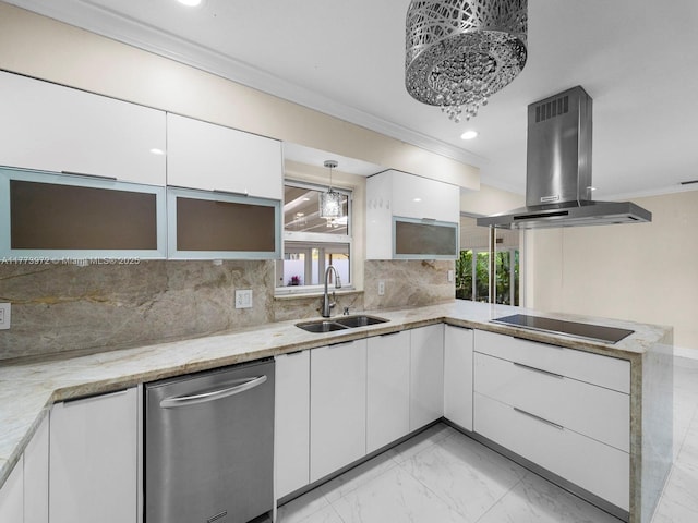 kitchen with island range hood, black electric stovetop, a sink, dishwasher, and a peninsula