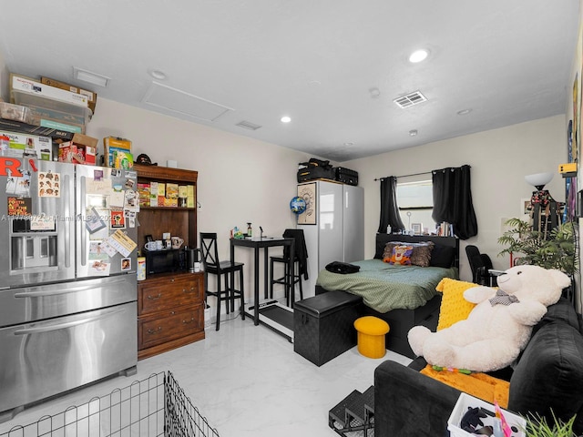 bedroom with visible vents, marble finish floor, recessed lighting, attic access, and stainless steel fridge with ice dispenser