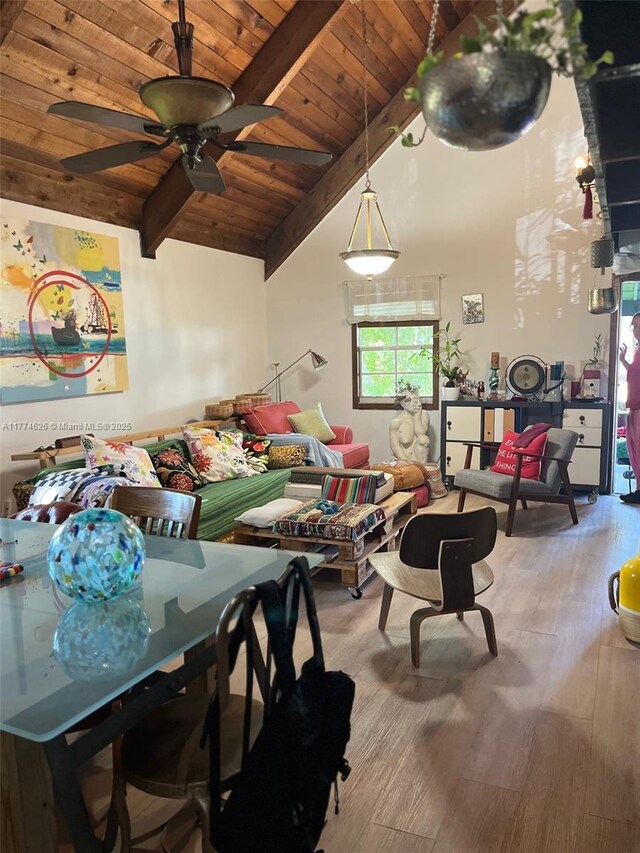 5508 Spruce Dr, Fort Pierce, FL 34982 - living room featuring wooden ceiling, high vaulted ceiling, beamed ceiling, a ceiling fan, and wood finished floors