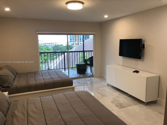 bedroom with access to outside, recessed lighting, and baseboards