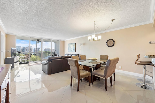 2940 N Course Dr Unit 712, Pompano Beach, FL 33069 - dining area with ornamental molding, a chandelier, a textured ceiling, floor to ceiling windows, and light tile patterned floors