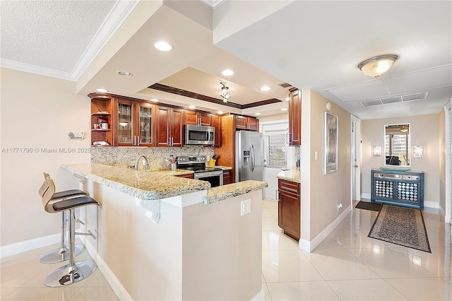 2940 N Course Dr Unit 712, Pompano Beach, FL 33069 - kitchen featuring stainless steel appliances, ornamental molding, a peninsula, a raised ceiling, and baseboards