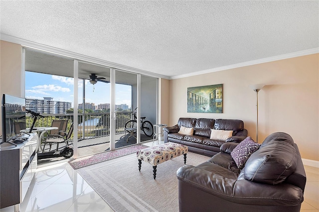 2940 N Course Dr Unit 712, Pompano Beach, FL 33069 - living room featuring floor to ceiling windows, crown molding, a textured ceiling, and a ceiling fan