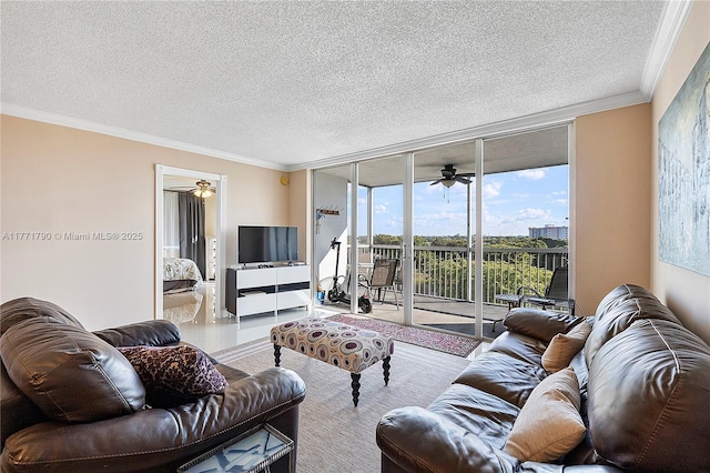 2940 N Course Dr Unit 712, Pompano Beach, FL 33069 - living room with ceiling fan, a textured ceiling, crown molding, and a wall of windows