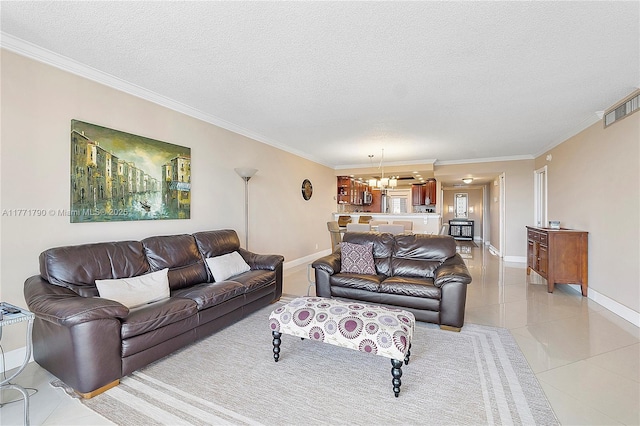 2940 N Course Dr Unit 712, Pompano Beach, FL 33069 - living room with a chandelier, ornamental molding, a textured ceiling, baseboards, and light tile patterned floors