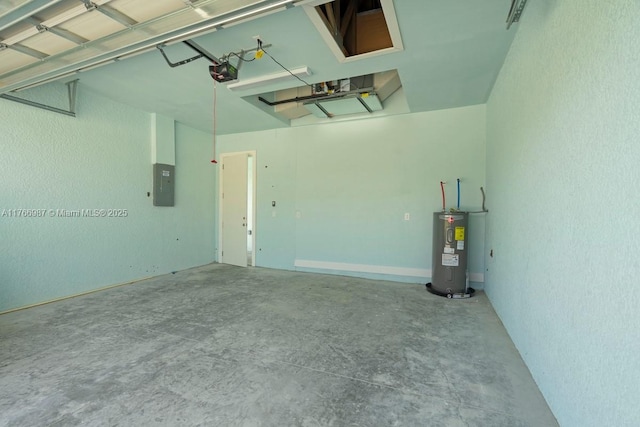 garage featuring electric panel, electric water heater, and a garage door opener