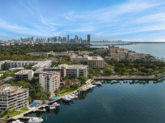 aerial view of a skyline view and a nearby body of water