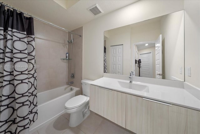 full bath featuring tile patterned floors, toilet, shower / tub combo with curtain, vanity, and visible vents