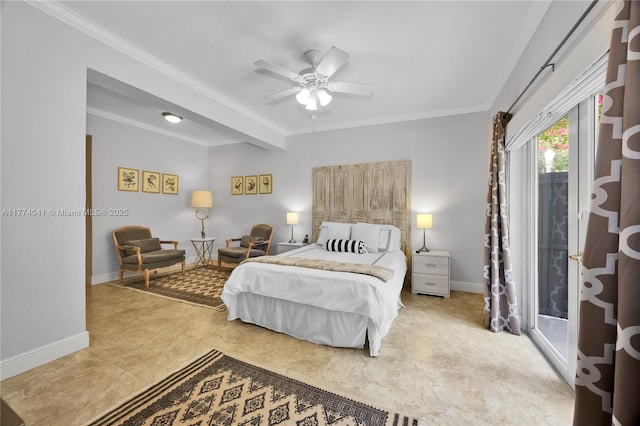 bedroom featuring baseboards, crown molding, and ceiling fan