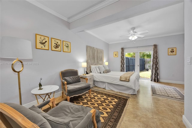 bedroom featuring access to exterior, crown molding, a ceiling fan, concrete floors, and baseboards