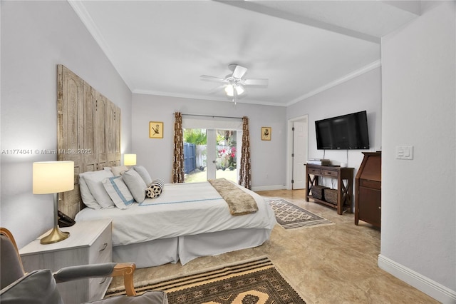 bedroom featuring baseboards, access to exterior, ornamental molding, and a ceiling fan