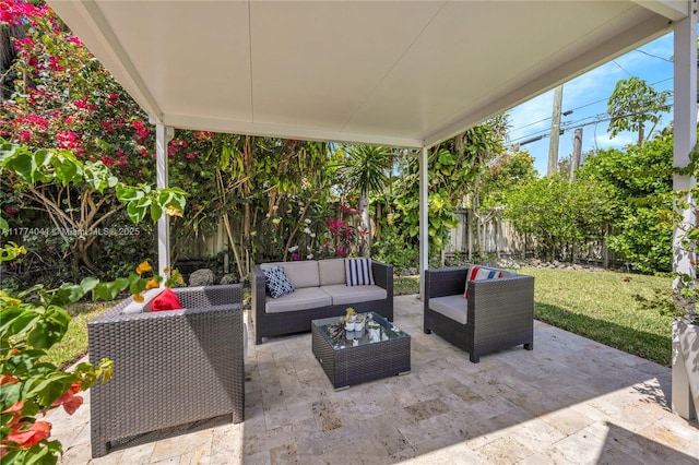 view of patio featuring a fenced backyard and an outdoor hangout area