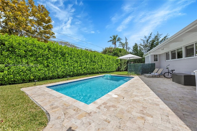 pool with fence, a yard, and a patio area