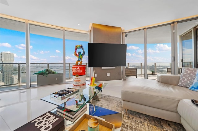 living room with floor to ceiling windows