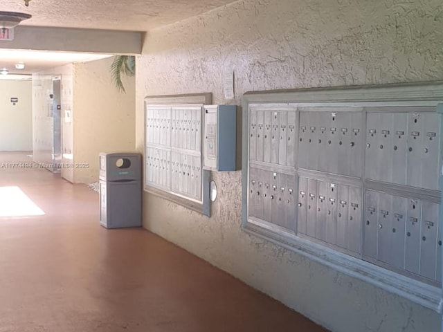 view of community featuring mail area and a textured wall
