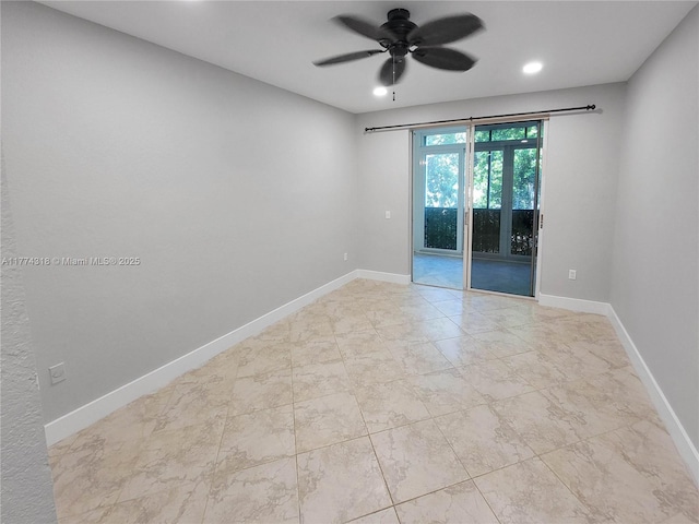 spare room with recessed lighting, baseboards, and ceiling fan