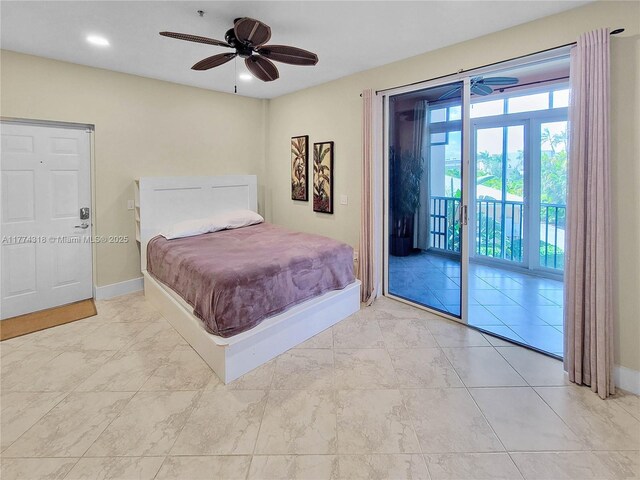 bedroom featuring access to exterior, marble finish floor, baseboards, and a ceiling fan