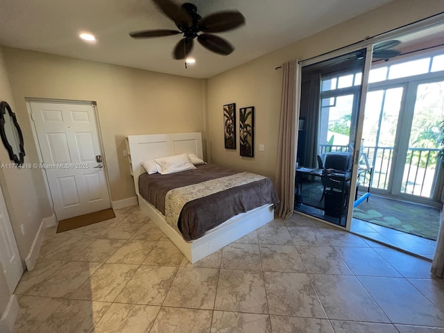 75 Gulfstream Rd Unit 211B, Dania Beach, FL 33004 - bedroom with access to exterior, baseboards, recessed lighting, and ceiling fan
