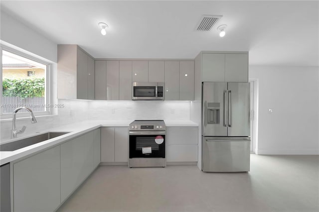 kitchen with modern cabinets, visible vents, appliances with stainless steel finishes, a sink, and gray cabinetry