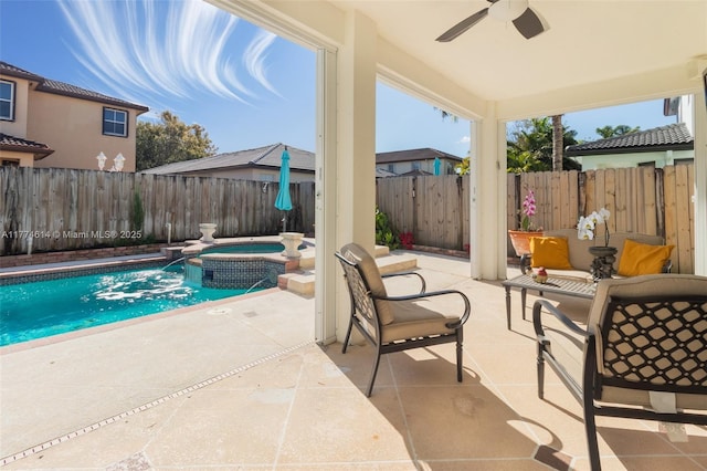 1411 SW 149th Pl, Miami, FL 33194 - view of pool featuring a fenced backyard, a ceiling fan, a patio area, and a pool with connected hot tub