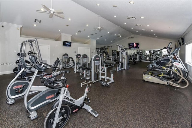 10766 Crescendo Cir, Boca Raton, FL 33498 - exercise room with a ceiling fan, lofted ceiling, recessed lighting, and crown molding