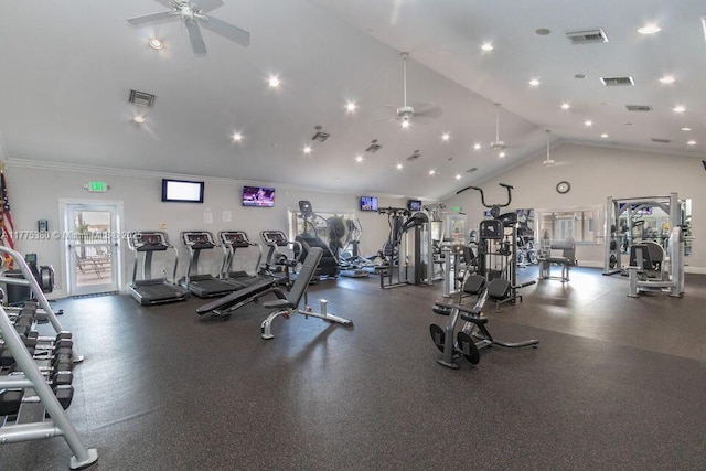 10766 Crescendo Cir, Boca Raton, FL 33498 - exercise room featuring a ceiling fan, ornamental molding, recessed lighting, and high vaulted ceiling