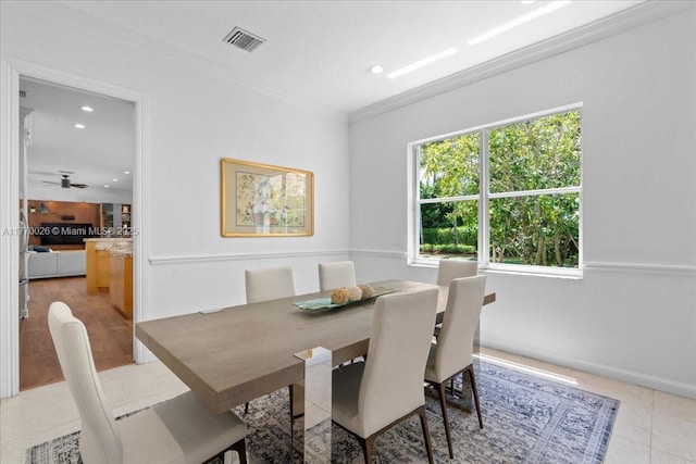 1427 Victoria Isle Dr, Weston, FL 33327 - dining room with ornamental molding, recessed lighting, light tile patterned flooring, a ceiling fan, and baseboards