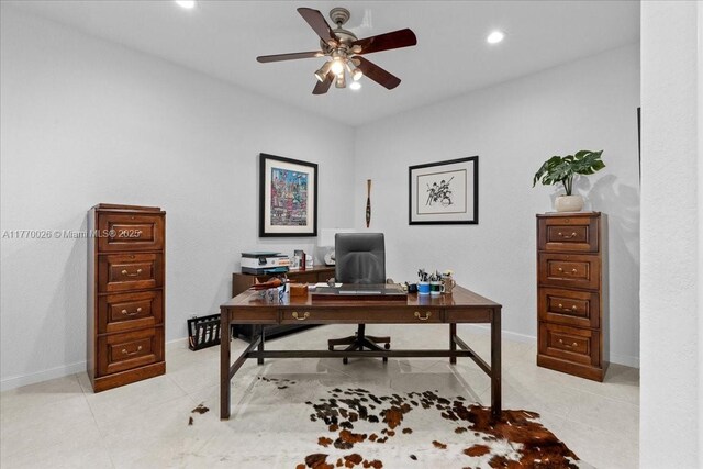 1427 Victoria Isle Dr, Weston, FL 33327 - office featuring ceiling fan, recessed lighting, baseboards, and light tile patterned floors