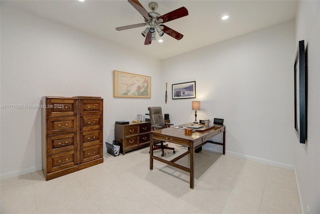 office space featuring ceiling fan, recessed lighting, and baseboards
