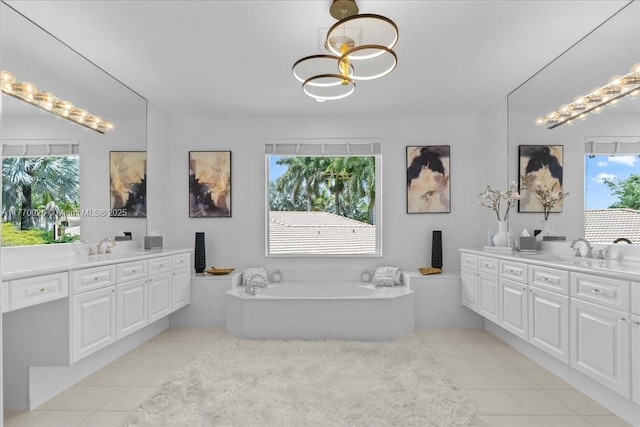 1427 Victoria Isle Dr, Weston, FL 33327 - full bathroom featuring tile patterned floors, vanity, a chandelier, and a bath