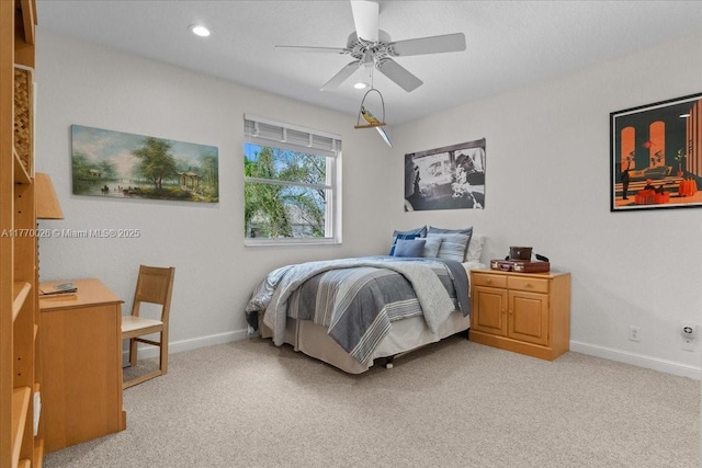 1427 Victoria Isle Dr, Weston, FL 33327 - bedroom with baseboards, light carpet, recessed lighting, and a ceiling fan