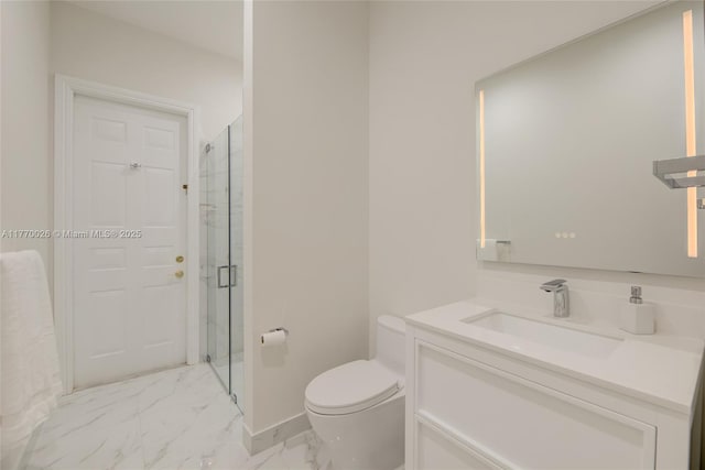 full bathroom with toilet, marble finish floor, a stall shower, and vanity