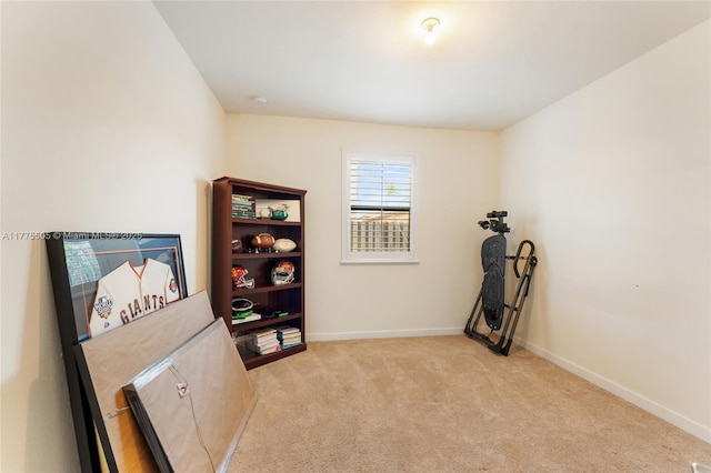 miscellaneous room featuring light colored carpet and baseboards